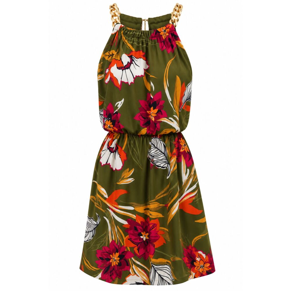 MSK Petite Floral Mini Dress PM – Gold Chain Halter – Olive Green
